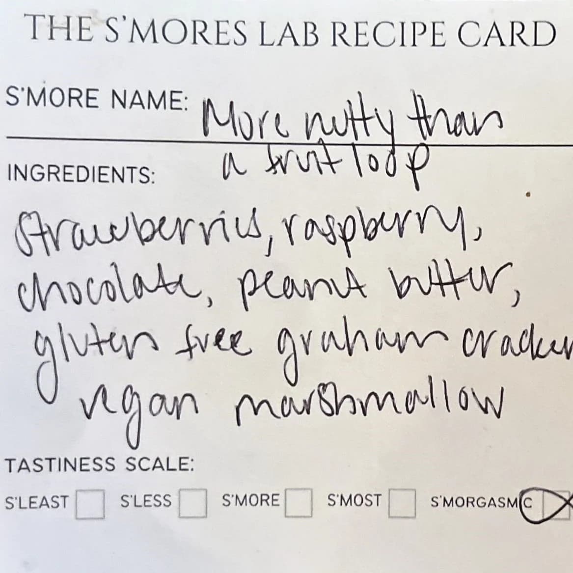 A handwritten recipe card for a s'more with strawberries, raspberry, chocolate, peanut butter and vegan marshmallow