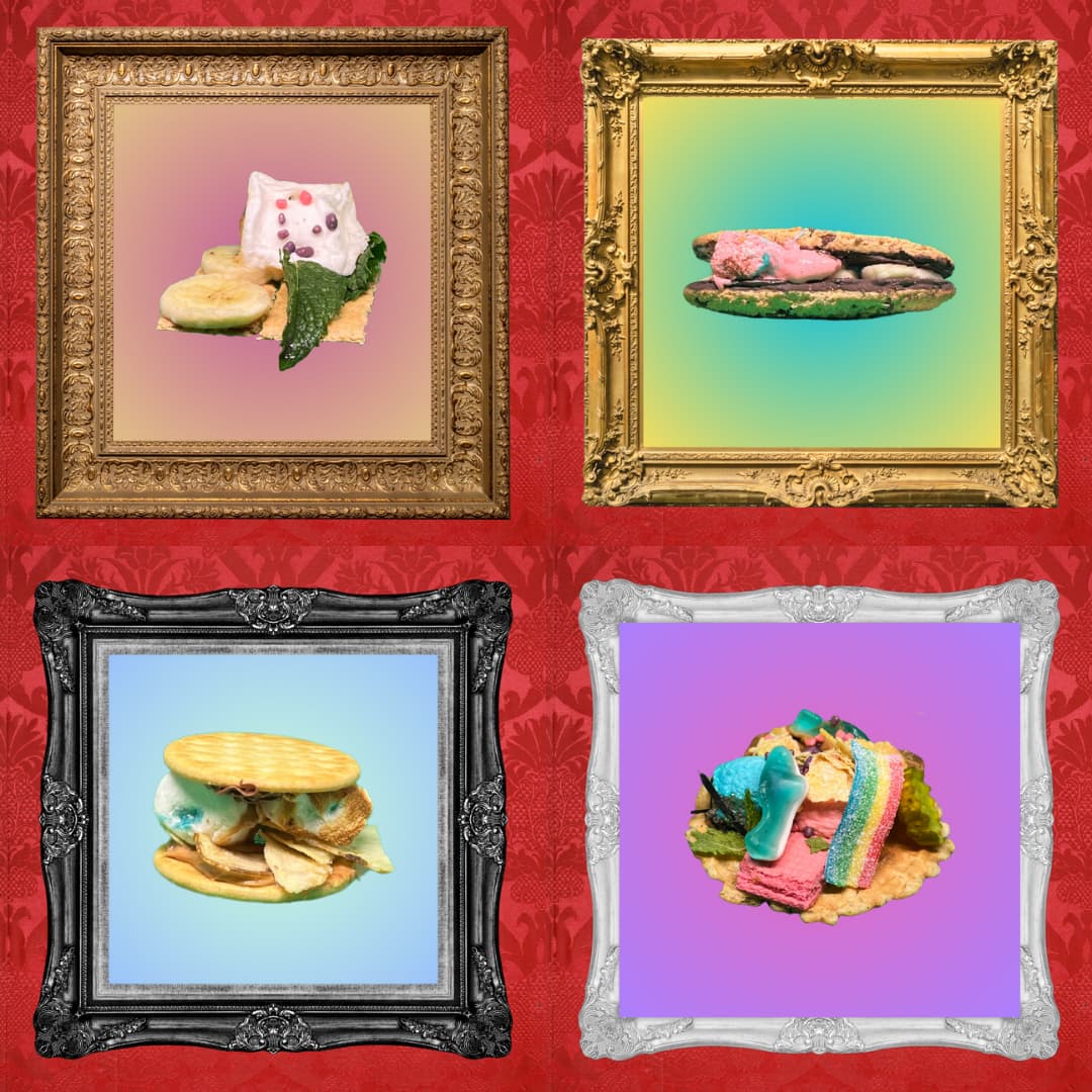 Four colorful s'mores displayed like portraits in ornate gold, black and silver frames on red wallpaper