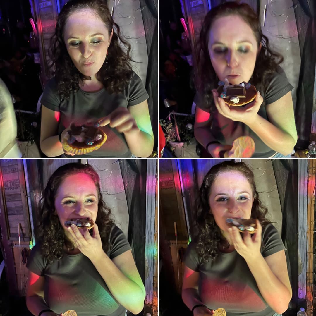 A guest taking bites of her s'more in four frames